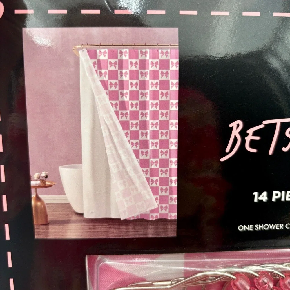 BETSEY JOHNSON 14pc COQUETTE Pink White Checkered Bow Shower Curtain Set